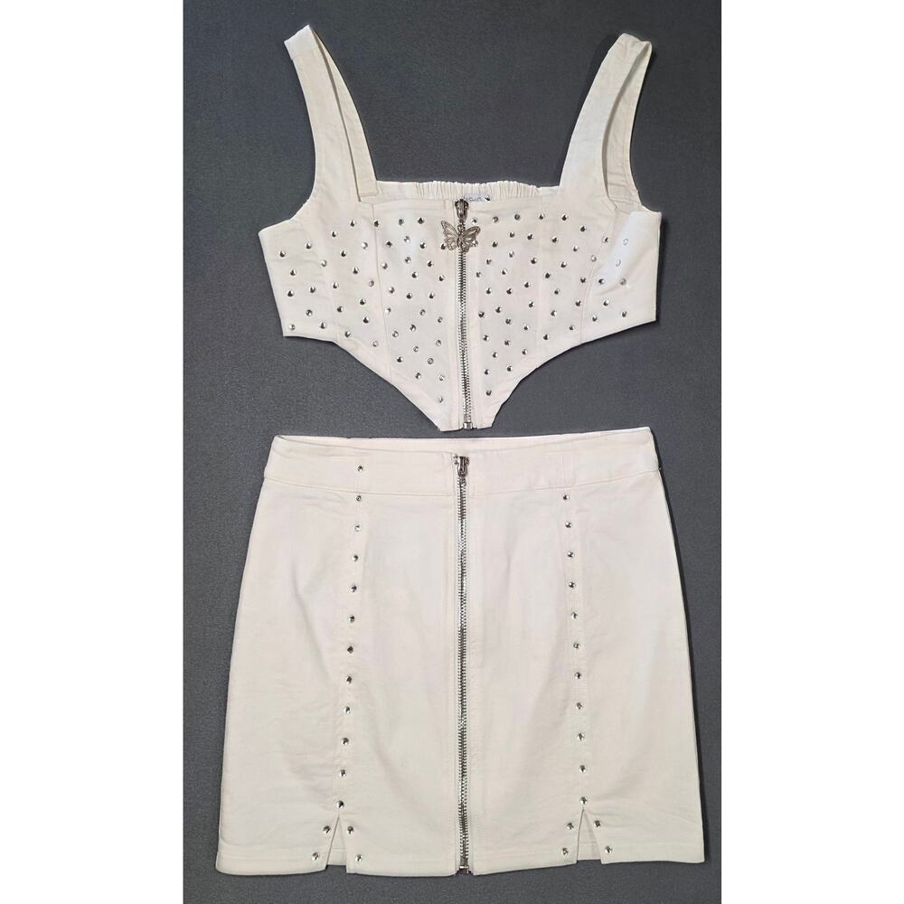 Denim Rhinestone Skirt Set White Corset Style Mini Skirt Festival Club Outfit L